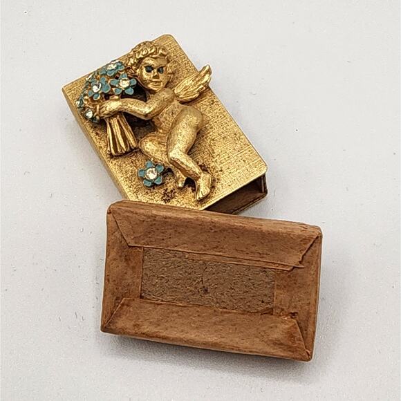 1930s Cherub Matchbox Holder Gold Enamel Flowers Vintage - Picture 6 of 9